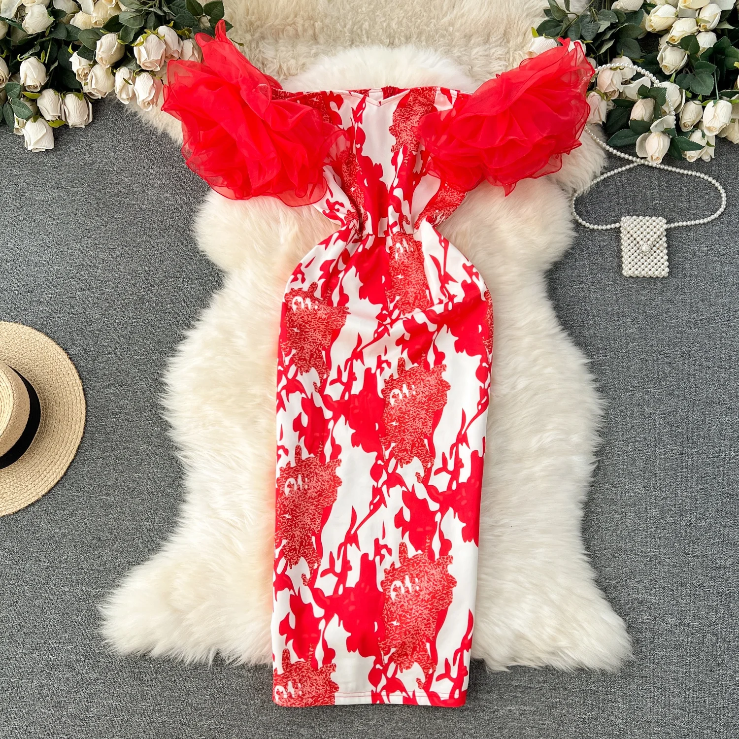 

Puff Long Sleeve Midi Printed Birthday Plus Size Evening Dresses Women
