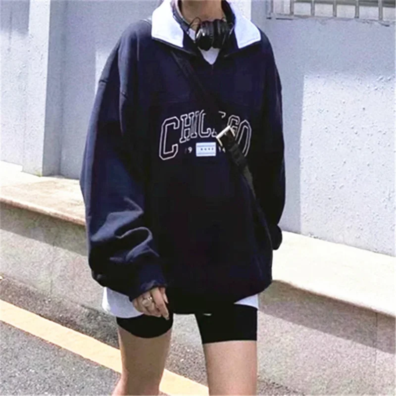 

Quarter Zipper Up Letter Graphic Sweatshirt Women Navy Chicago Hoodie Ladies Tops Long Sleeve