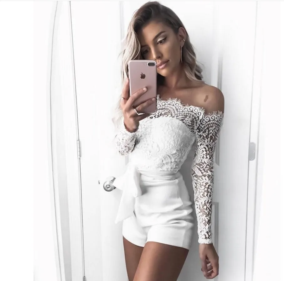 

2020 new summer design off shoulder lace embroidery sleeve women jumpsuit