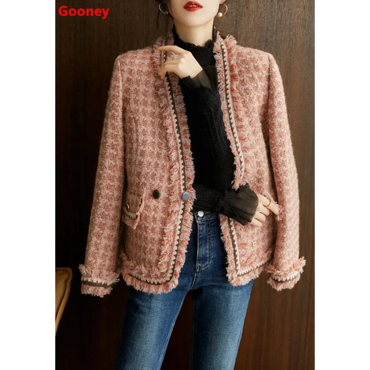 

2021 hot sale fashion women's coat warm classic plaid jacquard tweed ladies slim casual elegant tassel pink coats for women, Customized color