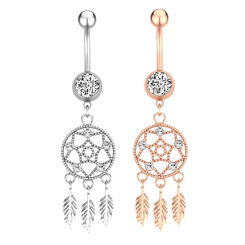 

YW New Sexy Rose Silver Belly Piercing Navel Piercing Rings Dream Catcher Dangle CZ Zircon Dream Catcher Belly Button Ring