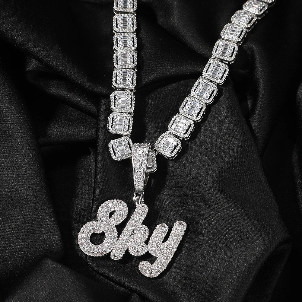

TOP ICY Brush font Cursive Letter Custom Name Necklace 9mm Baguette Chain Full Iced Out Zircon Hiphop personalized necklace, Silver/ gold/ rose gold