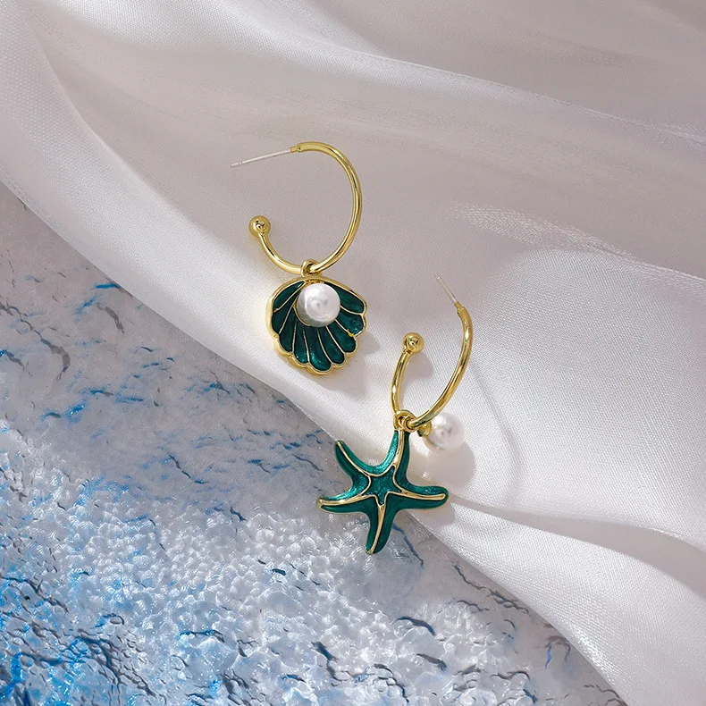 

OUYE Ocean wind blue asymmetrical starfish shell pearl alloy earrings female personality niche wild fashion cute earrings, Golden/silver