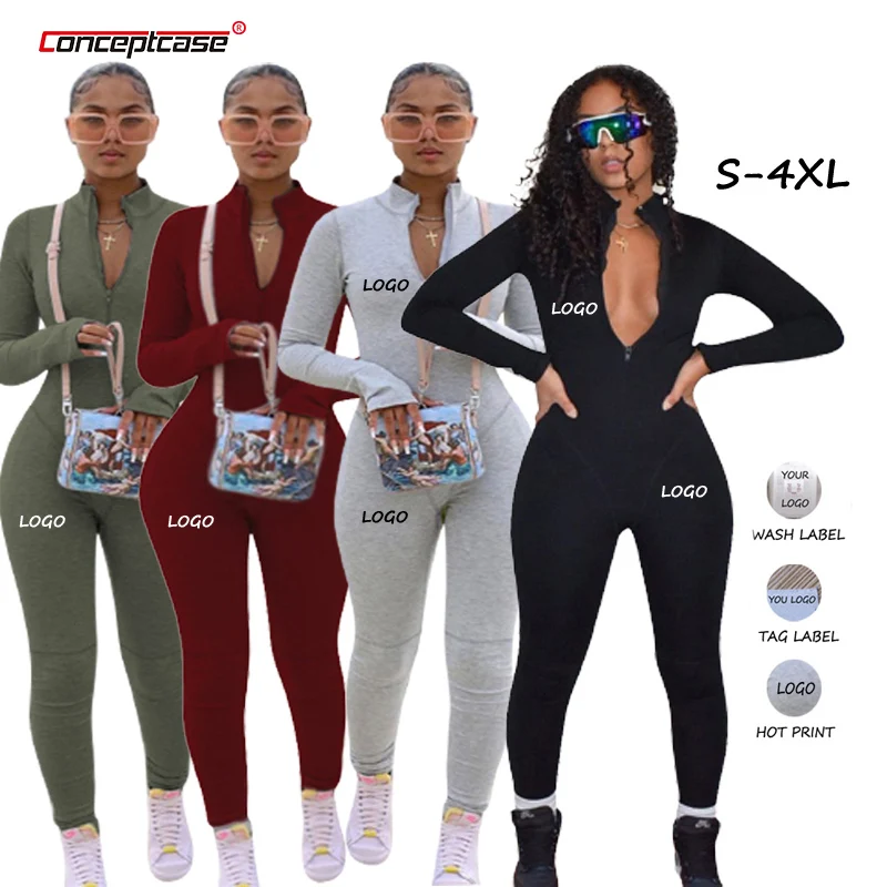 

Drop Shipping Custom Logo Zipper Turtleneck Jump Suit Bodycon Rompers Women One Piece Jumpsuit