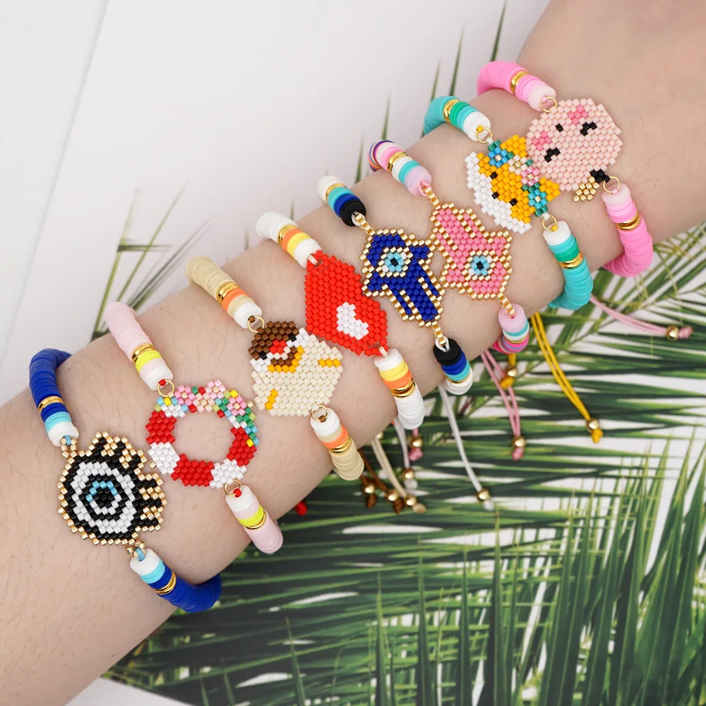 

Cute colorful Polymer Clay bracelet eye heart insect palm rice bead charms bracelet braided rope adjustable bracelet