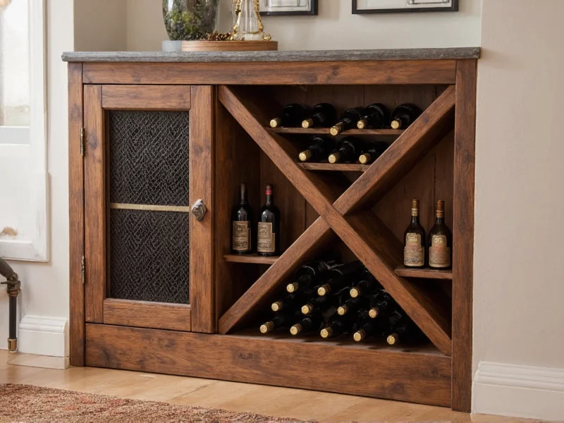 Reclaimed wood wine cabinet with angled bottle storage