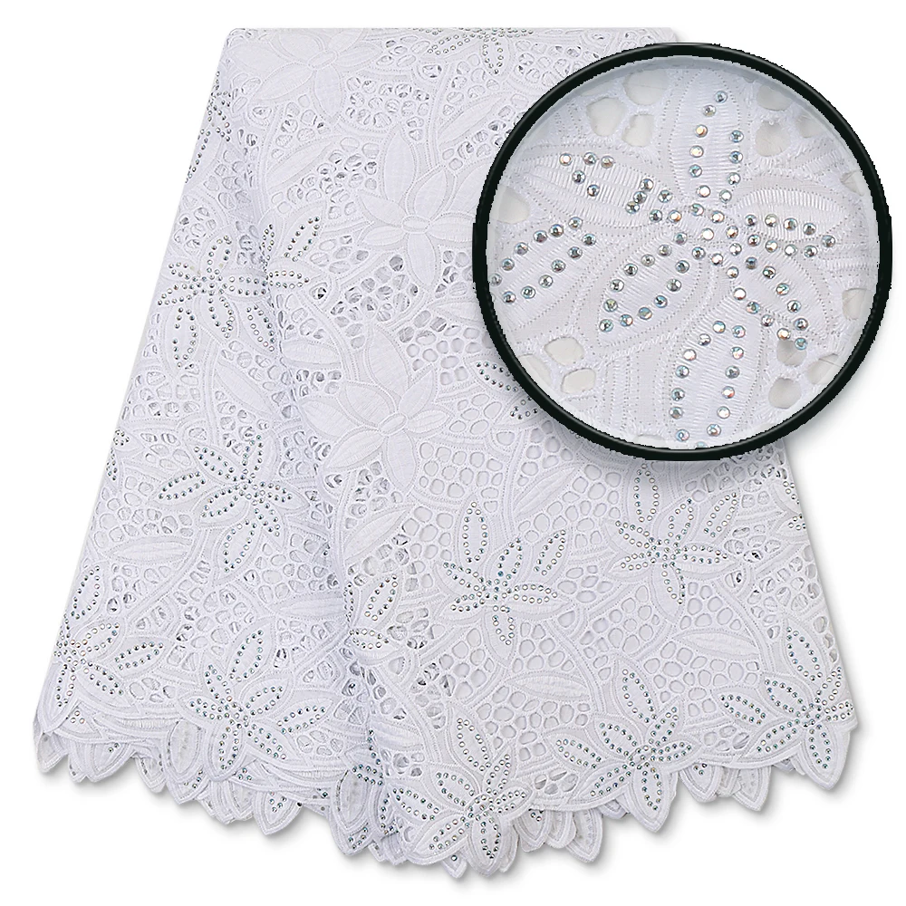

Latest Pure White African Swiss Cotton Lace Fabric Nigerian Swiss Voile Lace In Switzerland With Stones For Dress Party