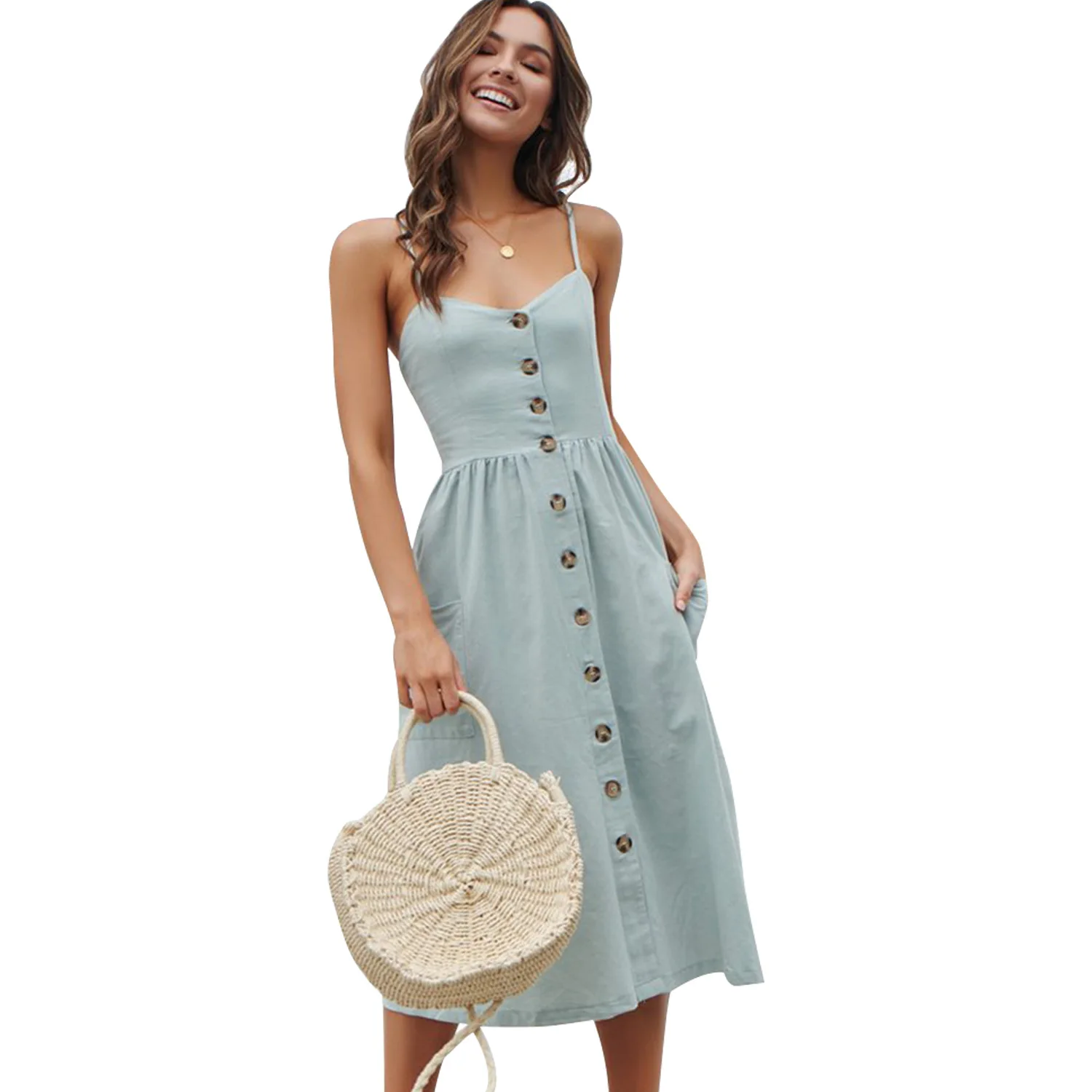 

Fast Delivery Summer Dresses Women Ladies Fashion Dresses For Women with botton, Photo shown