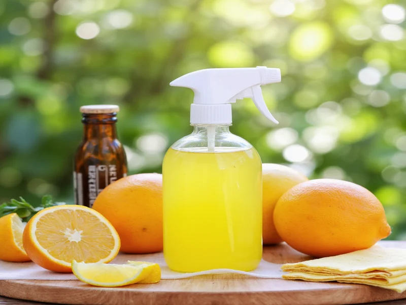 Homemade degreaser spray bottle with citrus and vinegar ingredients