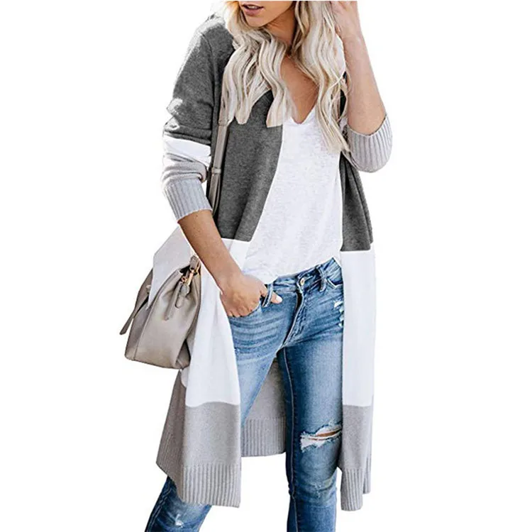 

2021 Autumn and winter long sleeve tri-color Long knit sweater Mosaic stripe Open Front cardigan women sweater coat