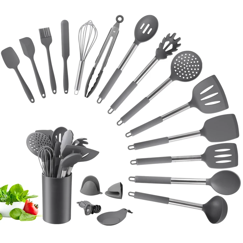 

Justa Hot Sale 19 Pcs Stainless Steel Handle Turner Spatula Spoon Tongs Whisk Measuring Cups Kitchen Tools Set, Grey ,green ,brown ,black or custom color