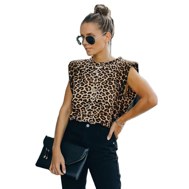 

Personalized women's leopard print shoulder pads round neck tank top loose sleeveless women, Customized colors