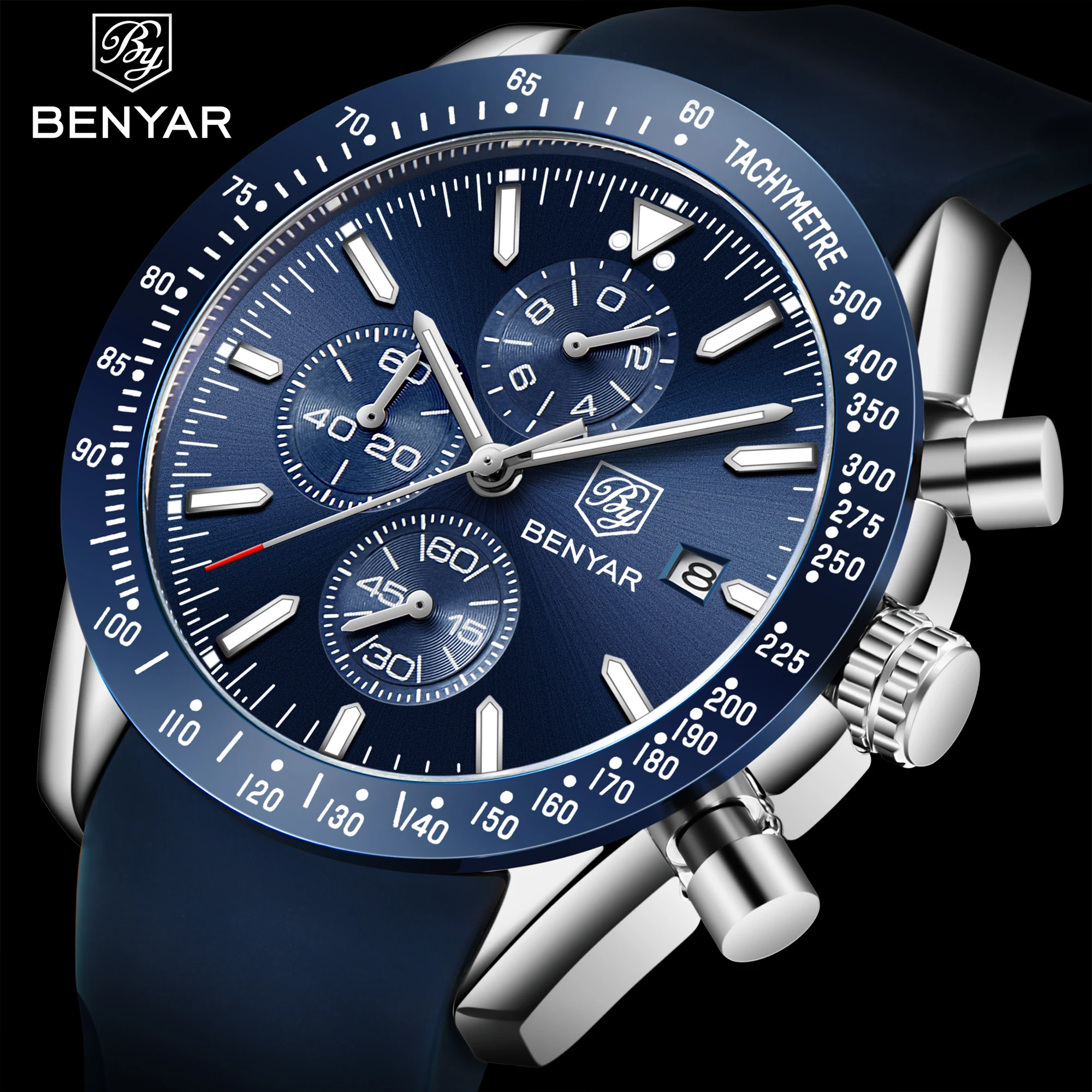 
OEM 2020 Benyar 5140 analog silicon strap wristwatch for men custom logo reloj hombre chronograph quartz watch men wrist watches 
