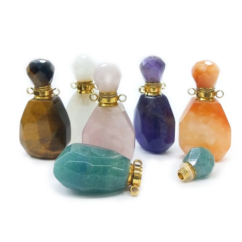 

Natural Gemstone Stainless Steel Jewelry Crystal Point Perfume Bottle Jade Pendant for Essential Oil Vial Jewelry Set Womens, Rainbow