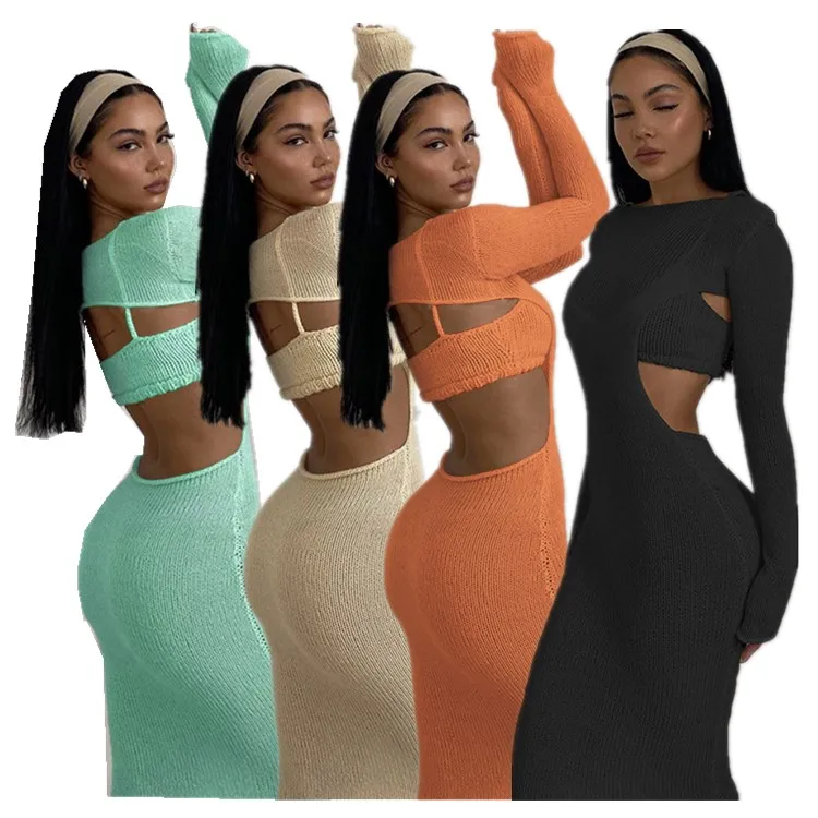 

YME-21S05466 Autumn And Winter New Female Camisole One-Way Collar Small Vest Round Neck Long Sleeve Women 2 Piece Dress Suit