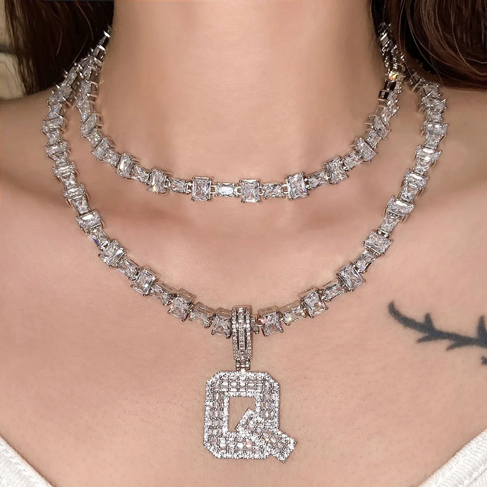 

Baguette Zircon Diamond Letter Pendant 18K Gold Plated Jewelry Tennis Chain Choker Necklaces