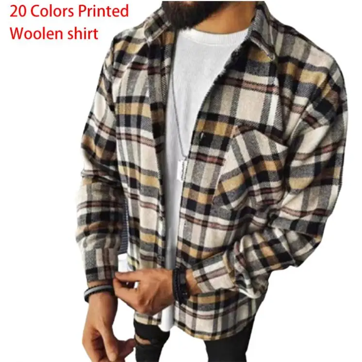 

Mens casual loose cotton Blend Oversized long sleeve button Lapel Plaid Check stripe print pocket flannel collar Shirt Jacket, 16 colors