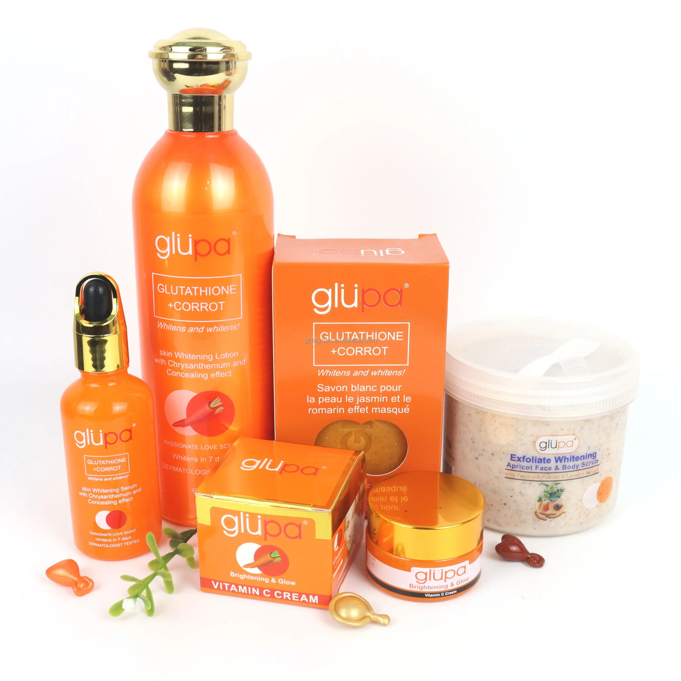 

Glupa Strong Whitening Skin Care Set Remove Dirt Smoother Younger Carrot Vitamine C Fast Result Brightening Set