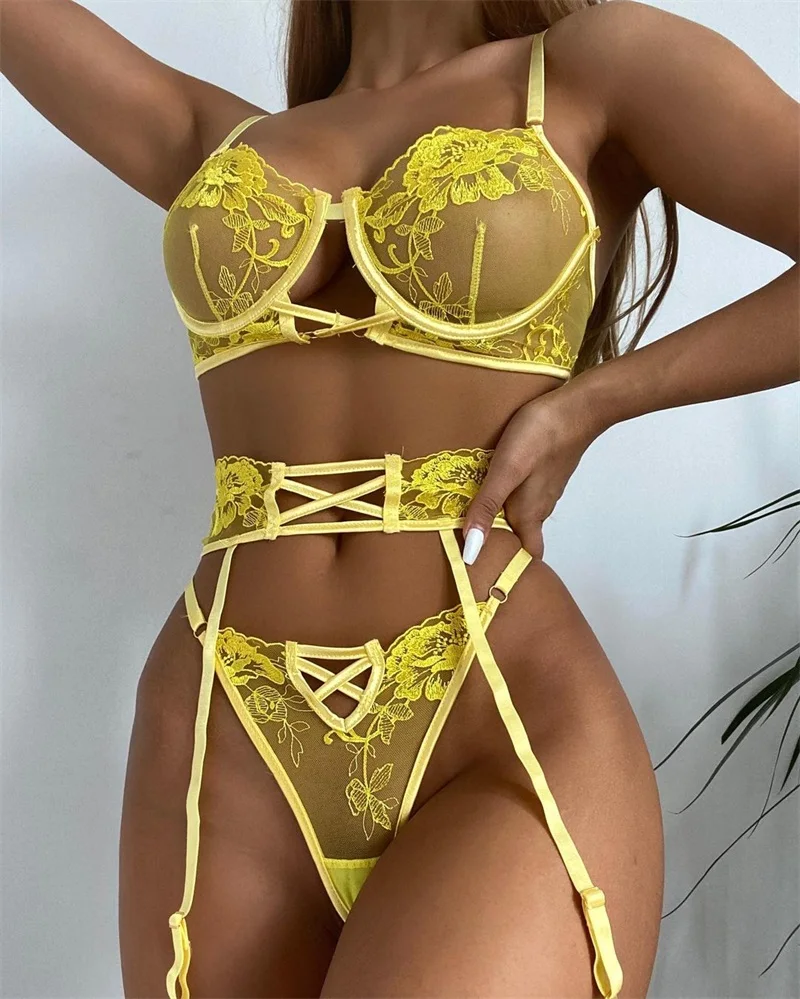 

Women Sexy Lingerie Sheer Embroidery Push Up Bra G-string Transparent Yellow Underwear