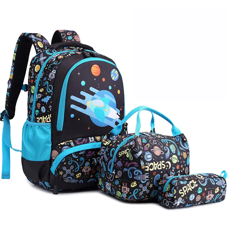 

Boys Space Backpack for School Elementary School Bookbag Sets Water Resistant School Bag with Lunch Tote Bag Pencil Bag 3 in 1, Blue