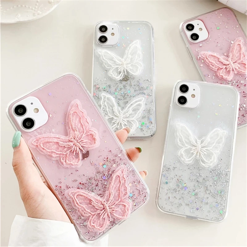 

HOCAYU Lace Butterfly Phone Case For iPhone 12 11 Pro Max Mini XR XS Max Fashion Pink Glitter Back Cover Conque, Pink,clear