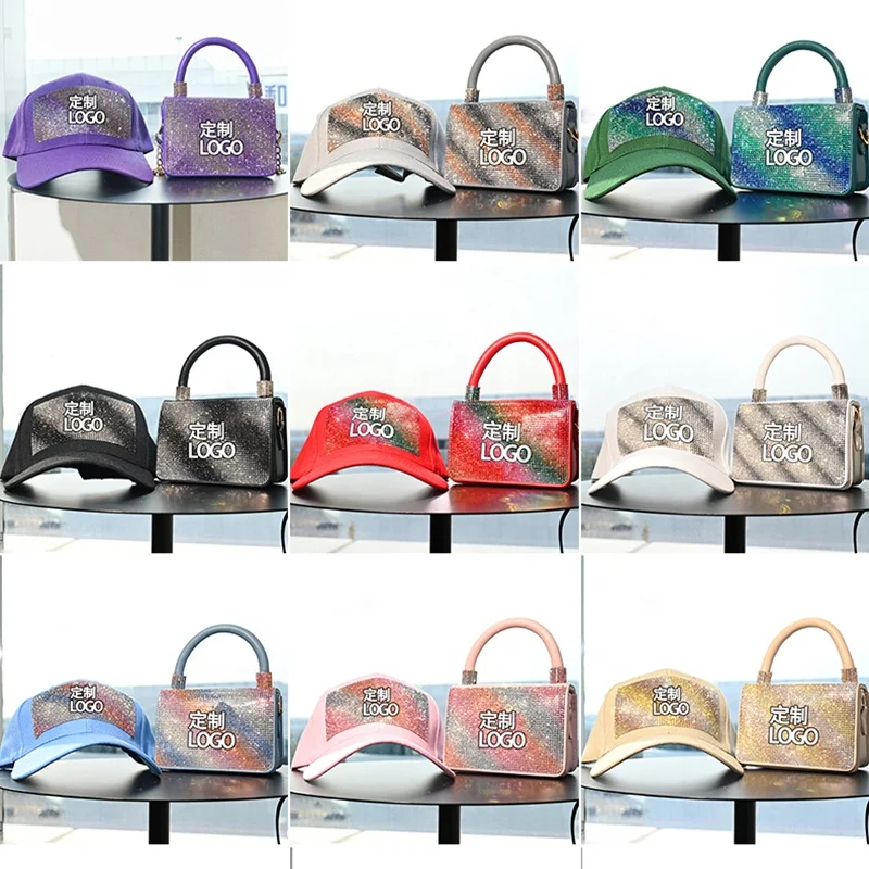 

Fashion Custom Logo Ladies Rhinestones Luxury Handbags For Women Hand Bags Tie Dye Hat And Bag Set