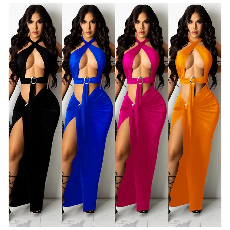 

New Fashion Hollow Out Allure Modest Split Sexy Luxury Dress 2021 American Women Clothing Cross Sling Halter Dinner Dress