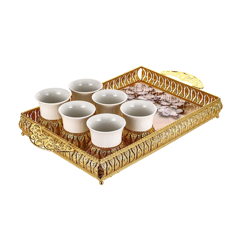 

Luxury Dallah 6 Pcs Coffee Cup Set Gold Rim Drinkware Arabic Porcelain Coffee Tea Sets Gold Decor Design Tray, White golden