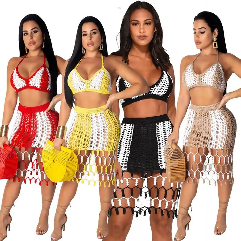 

New summer Crochet halter neck crop top tassel women hem knee length skirt suit two piece set beach dress 4 color