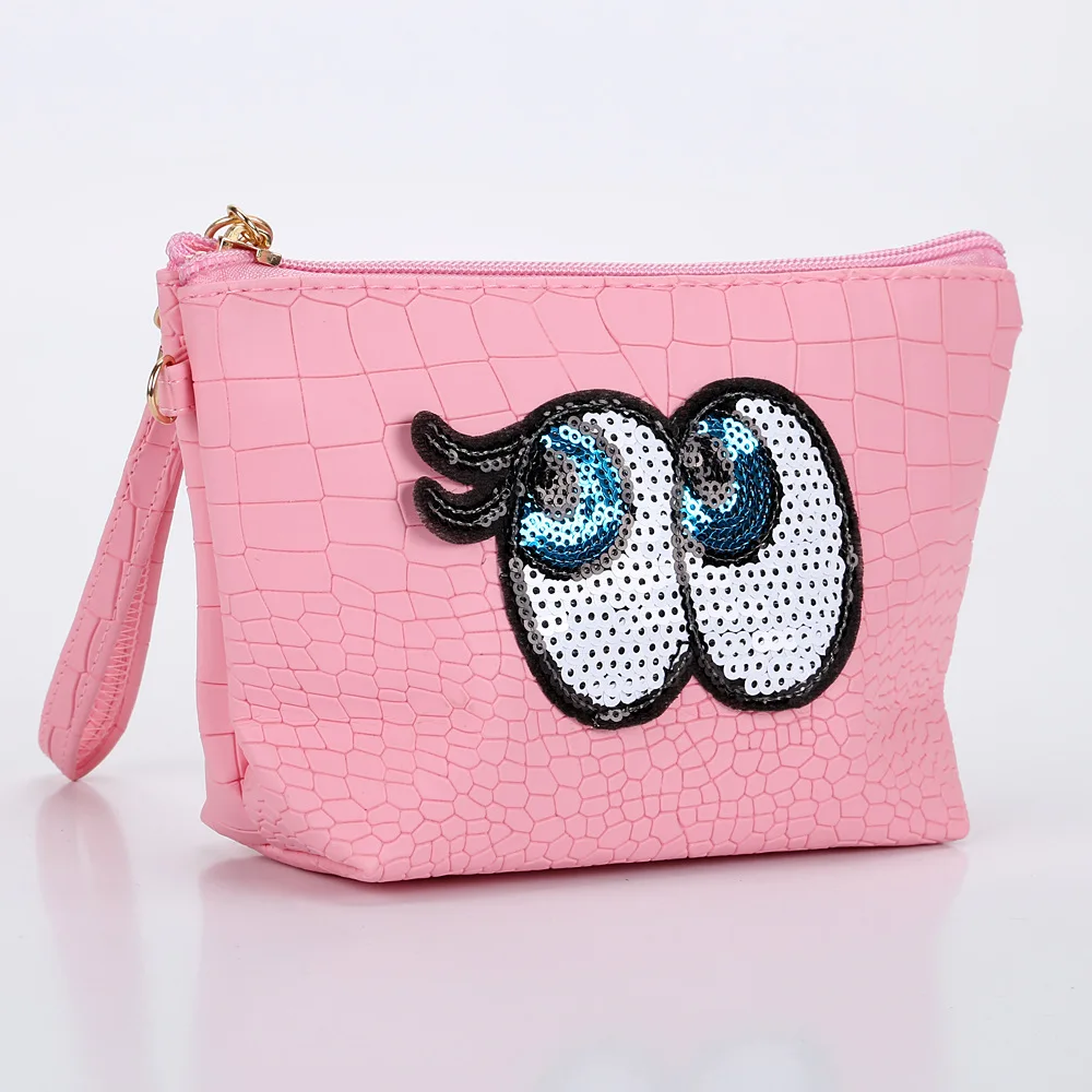 

Portable Crocodile PU Leather 3D Sequin Patched Eyes Cartoon Cosmetic Organizer Makeup Bag, 8 choices