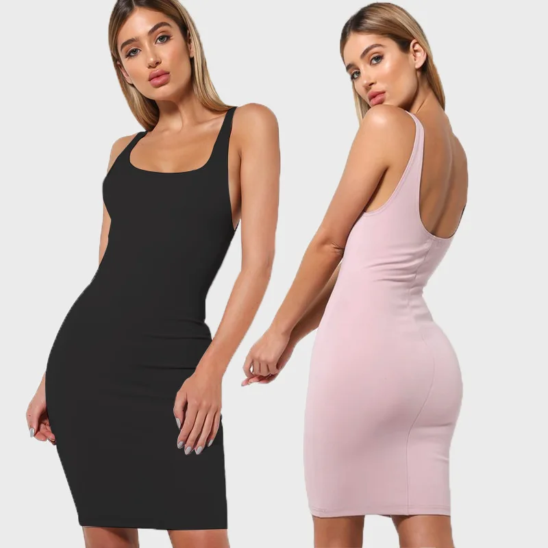 

Women elegant bodycon sweater dress 2020 summer fashion design o-neck polyester knitwear ladies basic vest dress, Black ,pink