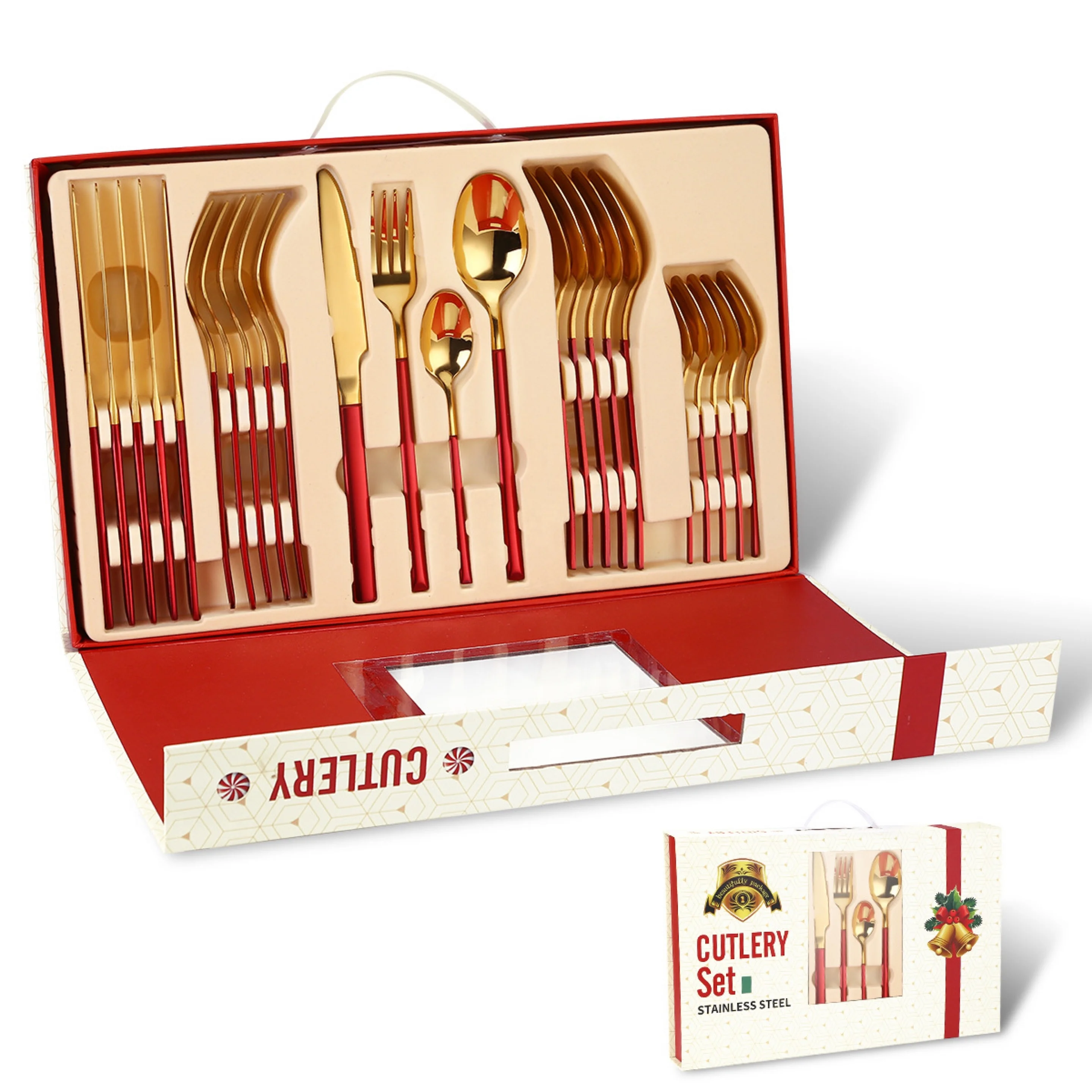 

Christmas Explosion Style Stainless Steel Knife Fork Spoon Gold Plated 24 Piece Set Gift Tableware Set, Black grey white green blue red pink silver