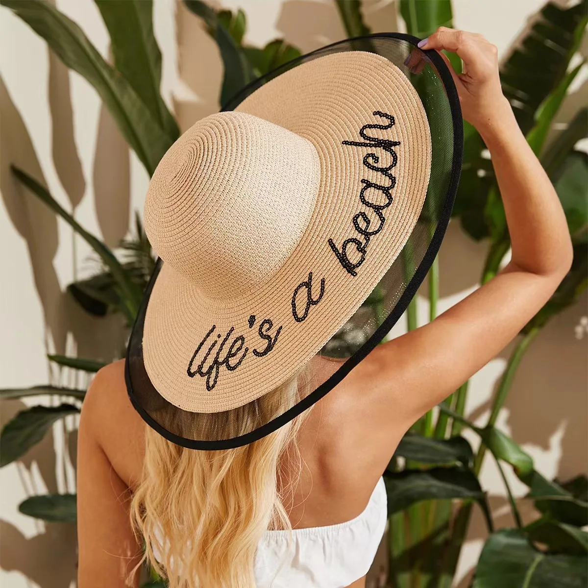 

New style cool hat women wide eave sunshade and anti-sai embroidery lace side straw hat beach