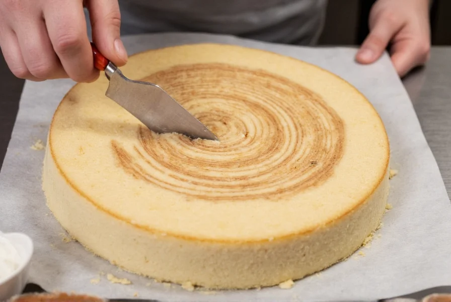Professional baker creating perfect cinnamon swirl pattern in cake batter with knife