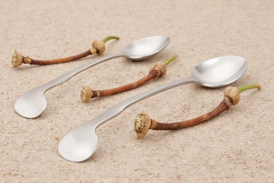 Chef's hand measuring minced garlic in teaspoon against fresh cloves