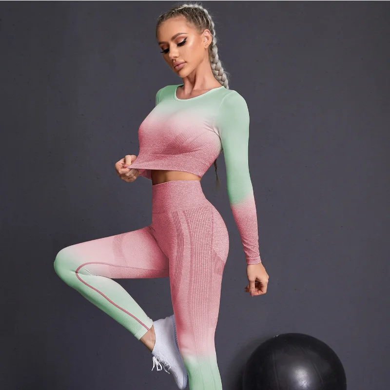 

2021 Women's Seamless Yoga Suits Wear Gradient Dyeing Tight Long Sleeve leggings Running Fitness Set