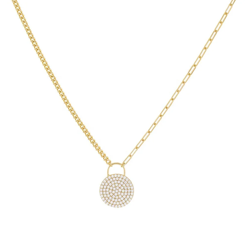 

Qiyi Jewelry S925 Sterling Silver 18k Gold Plated Women Fine Half Pave Diamonds Mixed Chain Disc Necklace