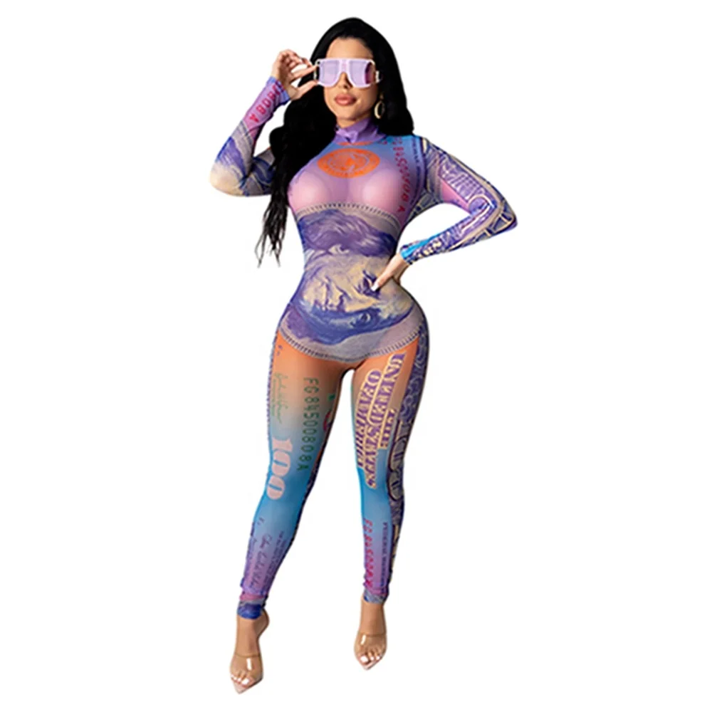 

Mesh Money Print Nightclub Wear Club Jumpsuit Women