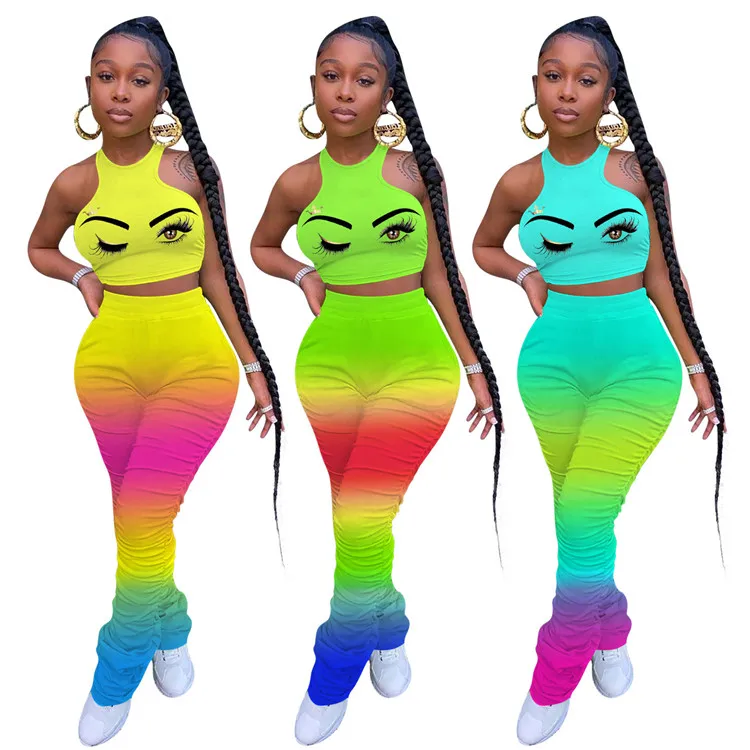 

Rainbow Print Sleeveless Crop Top Ruched Two Piece Set 2 Piece Stacked Pants Set Autumn Stacked Pants Two Piece Set