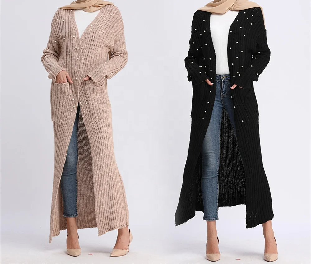

Long Sleeves Pearl Decoration Trim FREE SHIPPING Knitting Sweater Women Muslim Abaya For Women Daily Wear, Black.beige