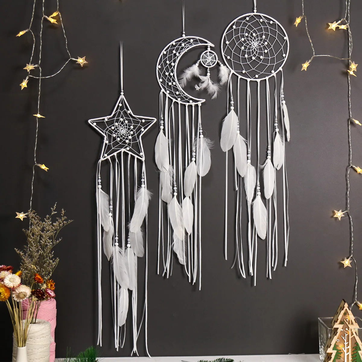 

Boho Macrame Home Wall Hanging Decoration Moon Star Tapestry Dream Catcher, As pictured