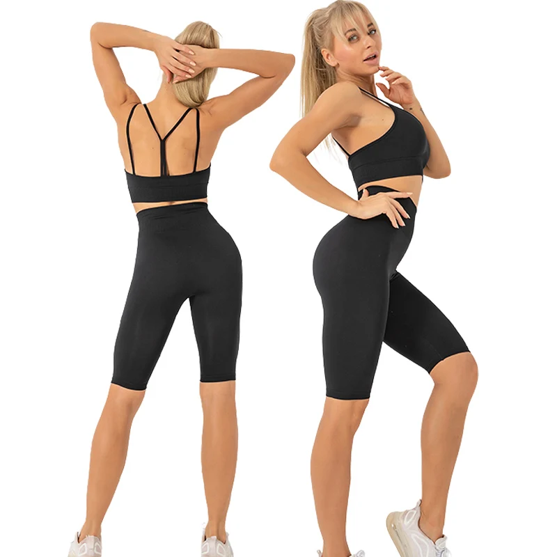 

Solid sports customize jogging suit women bra and shorts summer ribbed seamless yoga set, 5 colors