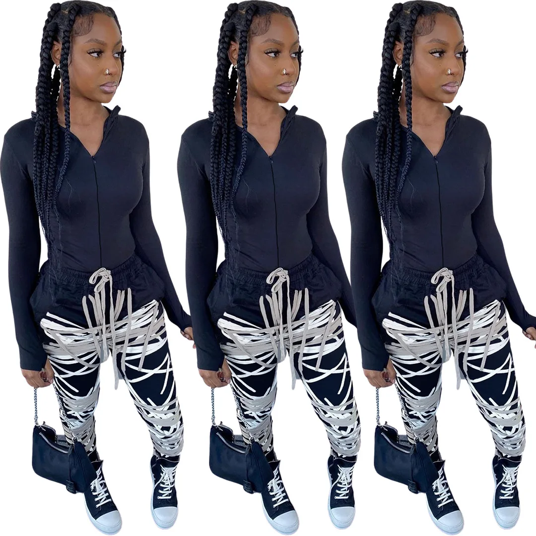 

M6310 String printed pants long sleeve outfits fashion two piece set women clothing