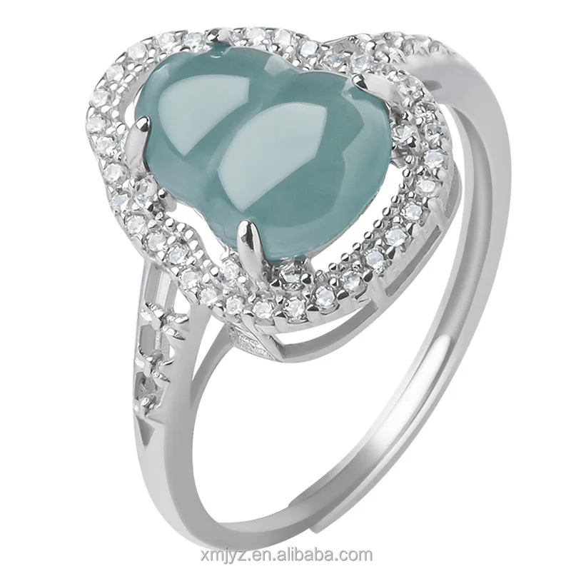 

Certified Grade A S925 Silver Inlaid Natural Jade Blue Water Gourd Ice Jade Stone Ring Fashion Ring Women's Adjustable