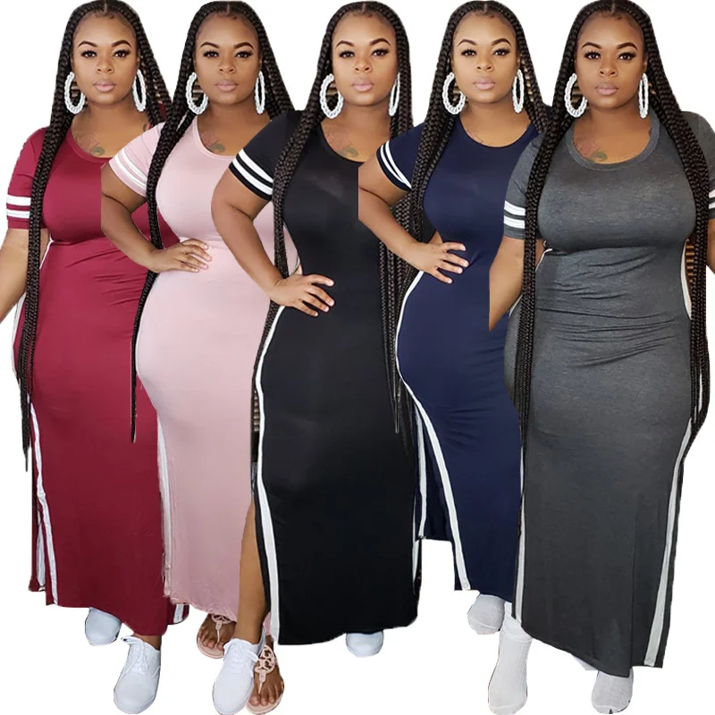

2021 plus size T-shirt sporty simple lady's short sleeve dress O-neck plain color slit side stripe women's casual dress