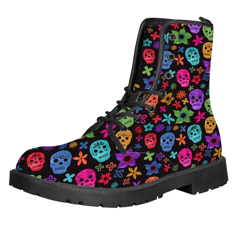 

THIKIN Women PU Leather Boots Fashion Skull Printing High Ankle Winter Boots Breathable Lace Up Custom Design PU Leather Boots, Colorful