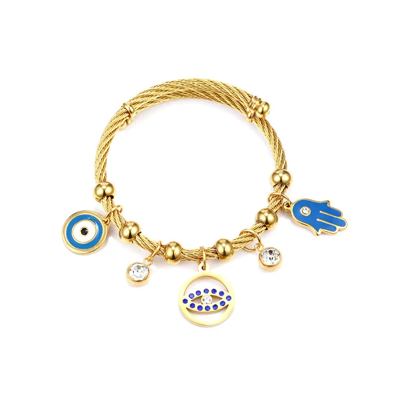 

Hamsa and Evil Eye Bangle Stainless Steel Gold Hands of Fatima Bangles Bracelet Turkish Amulet Trendy Protective TalismanJewelry, Different color is available