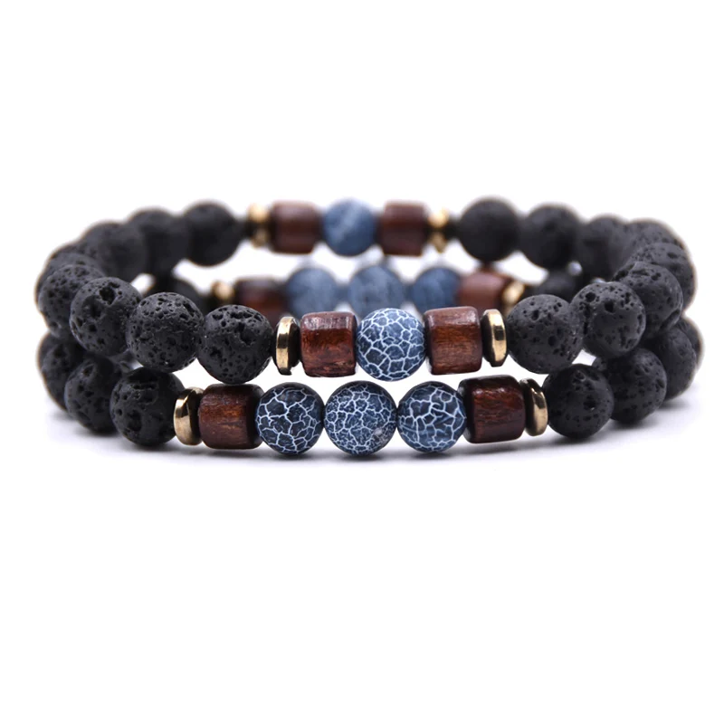 Fashion Bracelet Set 8mm Natural Lava Stone Bead For Men and Women Wood Bead Bracelet Set