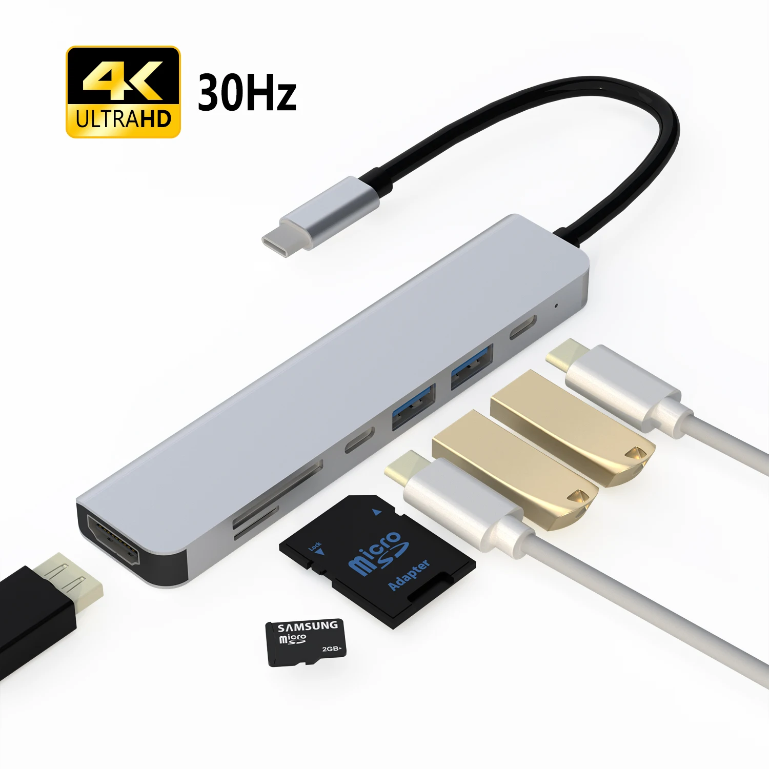

7 in 1 Type-C Hub, Usb C To Pd Hdtv Usb 4kx2k 1080p 720p Ethernet Tf/ Sd Type C Card Reader, Support oem