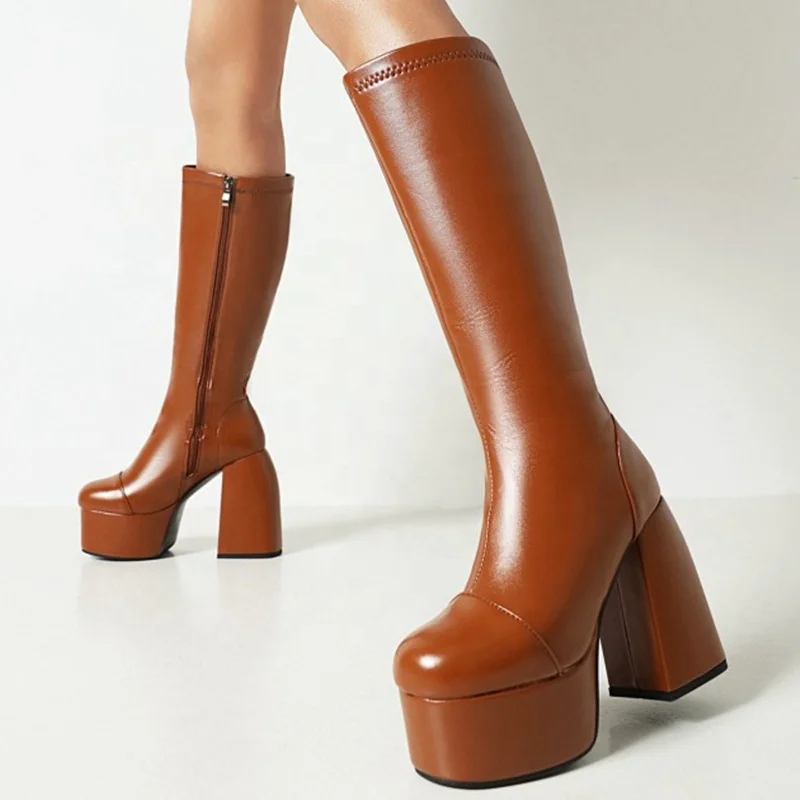 

Elegant Block Heel Knee Boots for Women Plush Winter Warm Outdoor Shoes Platform Round Toe Plus Size 48, Black yellow brown